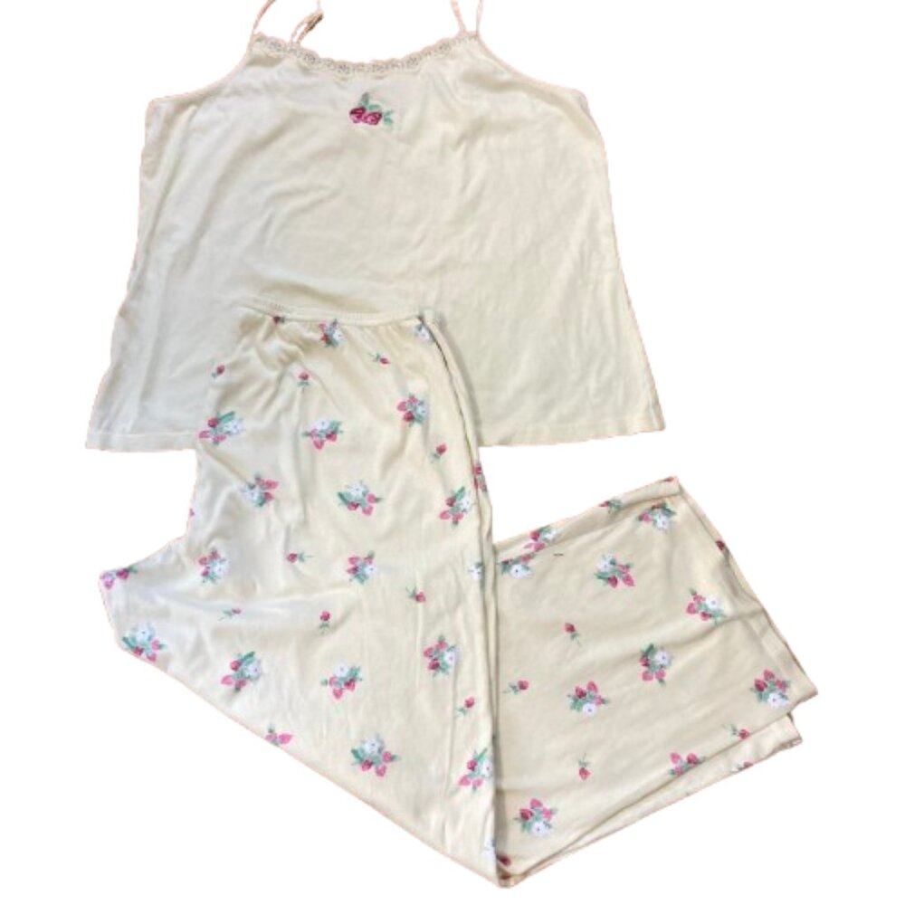 Pajama Set Pale Yellow Camisole & Pants Strawberries, Source Unknown, XL or 1X